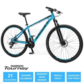 Bicicleta Aro 29 KRW Alum 21V Shimano Mega Ranger Susp Hidraulica c/ Trava de Ombro W19 - Azul/Preto - 17