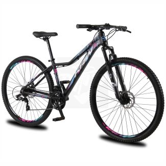 Bicicleta Aro 29 KRW Alum 21V Shimano Mega Ranger Susp Hidraulica c/ Trava de Ombro W19 - Preto/Rosa e Azul - 15.5