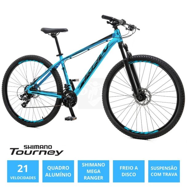 Bicicleta Aro 29 KRW Alum 21V Shimano Mega Ranger Susp Hidraulica c/ Trava de Ombro W19 - Azul/Preto - 17